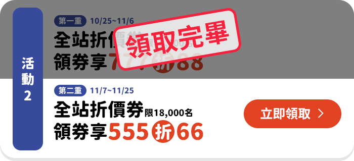 全站折價券領券 享555元折66元(第二重)