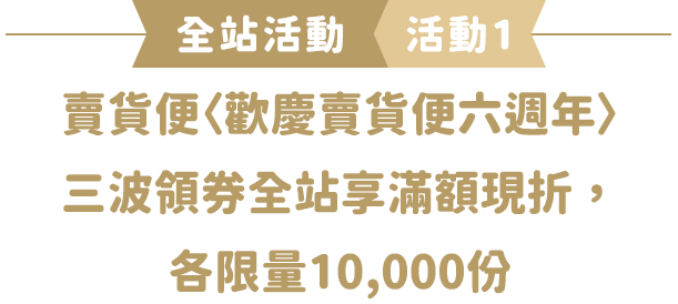 賣貨便〈歡慶賣貨便六週年〉三波領券全站享滿額現折，各限量10,000份