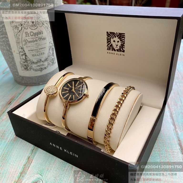 AnneKlein手錶，編號AN00073，32mm金色圓形精鋼錶殼，黑色簡約錶面，金色合金錶帶款，暢銷熱賣!