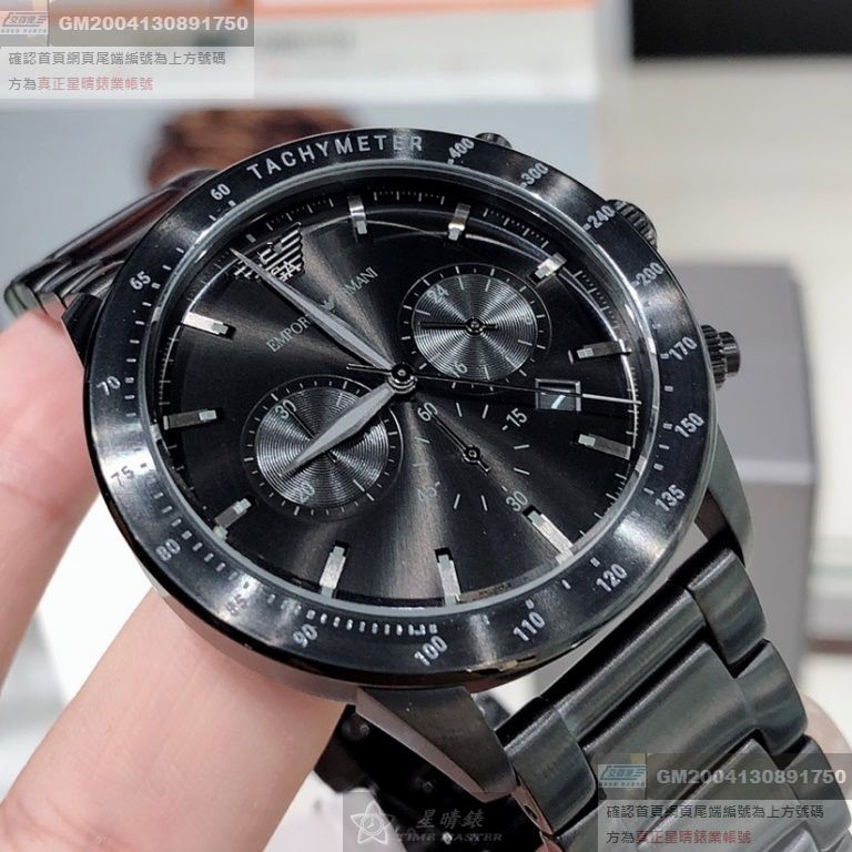 ARMANI手錶，編號AR00040，44mm黑圓形精鋼錶殼，黑色三眼， 中三針顯示， 運動錶面，深黑色精鋼錶帶款