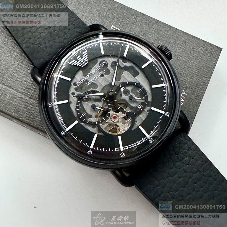 ARMANI手錶，編號AR00050，44mm黑圓形精鋼錶殼，黑色鏤空， 中三針顯示錶面，深黑色真皮皮革錶帶款