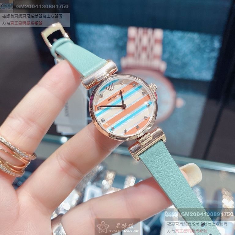 ARMANI手錶，編號AR00059，28mm玫瑰金圓形精鋼錶殼，幾何立體圖形中二針顯示錶面，多色真皮皮革錶帶款