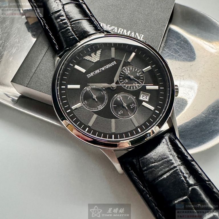 ARMANI手錶，編號AR00064，44mm銀圓形精鋼錶殼，黑色三眼， 中三針顯示， 運動錶面，深黑色真皮皮革錶帶款