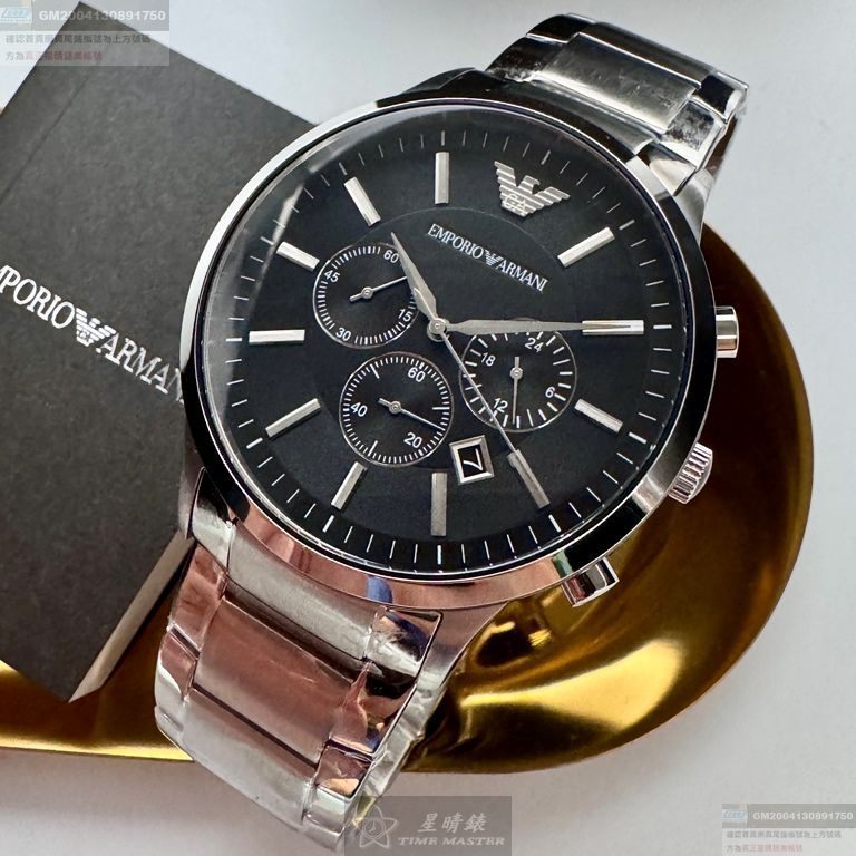 ARMANI手錶，編號AR00075，46mm銀圓形精鋼錶殼，黑色三眼， 中三針顯示， 運動錶面，銀色精鋼錶帶款