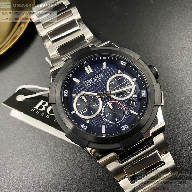 BOSS伯斯男錶，編號HB1513360，46mm黑， 銀圓形精鋼錶殼，黑色三眼， 運動錶面，銀色精鋼錶帶款