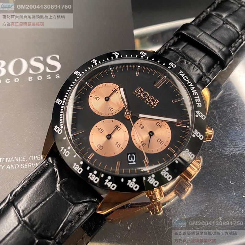 BOSS伯斯男女通用錶，編號HB1513580，42mm玫瑰金圓形精鋼錶殼，黑色三眼錶面，深黑色真皮皮革錶帶款