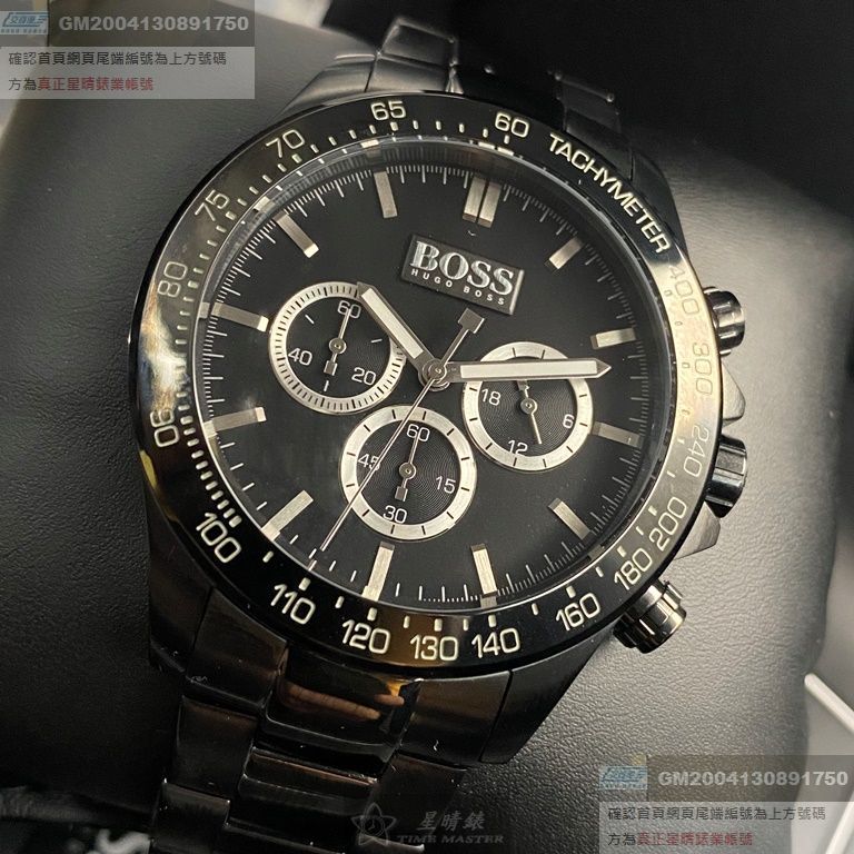 BOSS伯斯男錶，編號HB1512961，44mm黑圓形精鋼錶殼，黑色三眼錶面，深黑色精鋼錶帶款，良工巧匠之作!