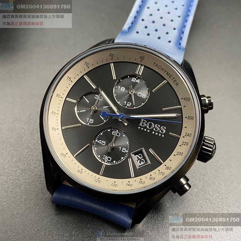 BOSS手錶，編號HB1513563，44mm黑圓形精鋼錶殼，鐵灰三眼錶面，寶藍真皮皮革錶帶款，閃亮度冠絕全場!