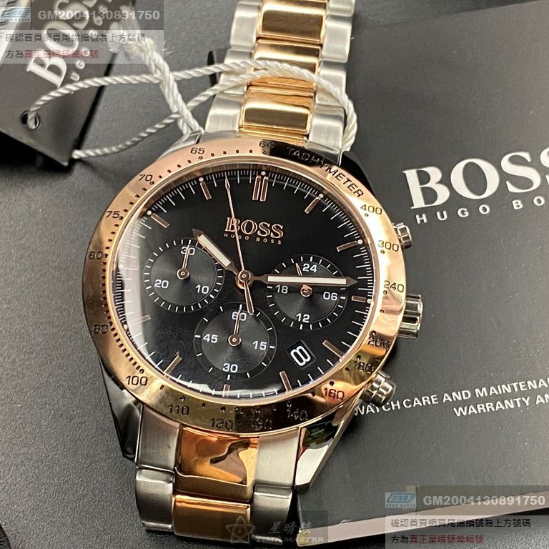 BOSS手錶，編號HB1513584，42mm玫瑰金圓形精鋼錶殼，黑色三眼， 運動錶面，金銀相間精鋼錶帶款，獨具匠心!