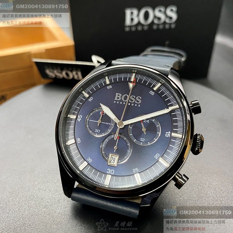 BOSS手錶，編號HB1513711，40mm黑圓形精鋼錶殼，寶藍色三眼， 精密刻度錶面，深藍色真皮皮革錶帶款