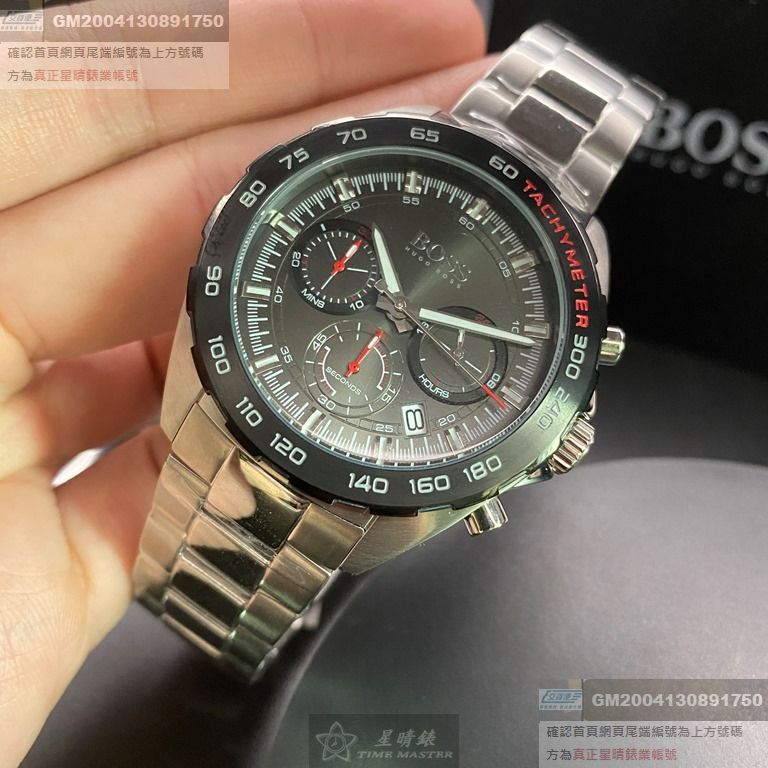 BOSS手錶，編號HB1513680，38mm黑圓形精鋼錶殼，黑色三眼， 運動， 精密刻度錶面，銀色精鋼錶帶款