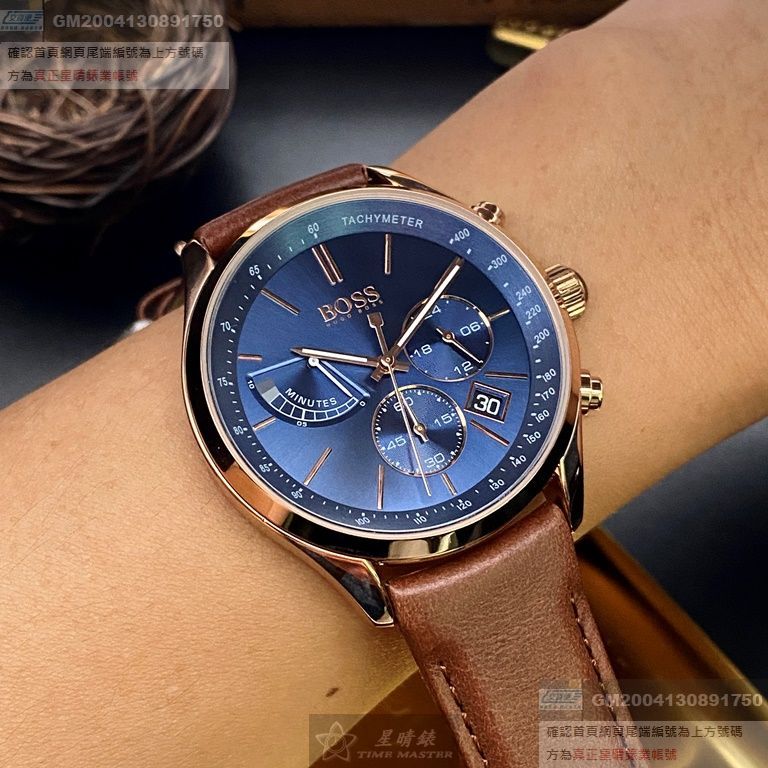 BOSS手錶，編號HB1513604，44mm玫瑰金圓形精鋼錶殼，寶藍色三眼錶面，咖啡色真皮皮革錶帶款，閃亮度冠絕全場!