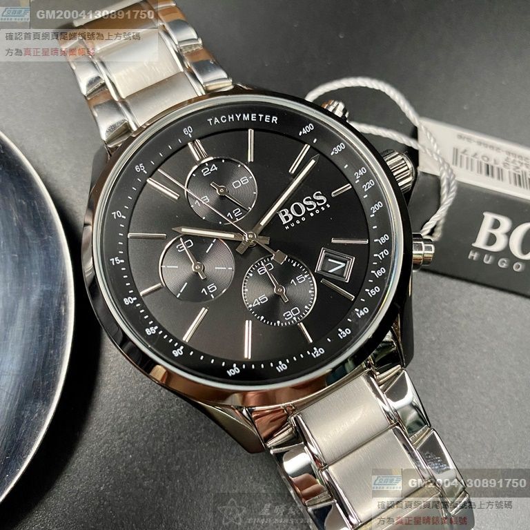 BOSS手錶，編號HB1513477，44mm銀圓形精鋼錶殼，黑色三眼， 中三針顯示錶面，銀色精鋼錶帶款