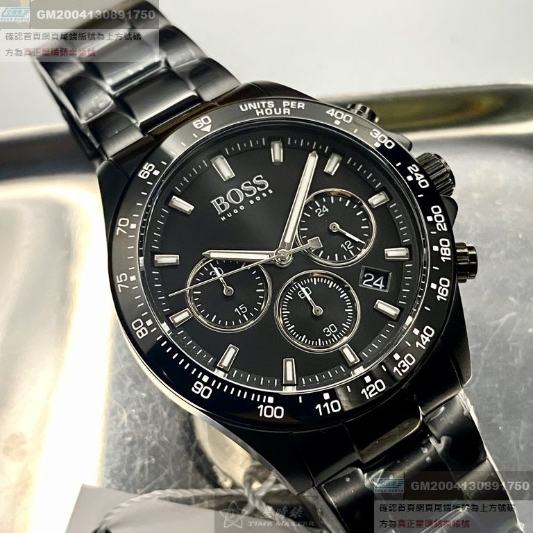 BOSS手錶，編號HB1513754，44mm黑圓形精鋼錶殼，黑色三眼， 中三針顯示， 運動錶面，深黑色精鋼錶帶款