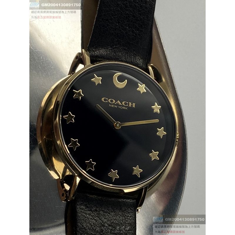 COACH蔻馳女錶，編號CH00006，36mm金色圓形精鋼錶殼，黑色簡約， 星月錶面，深黑色真皮皮革錶帶款，星月特別款