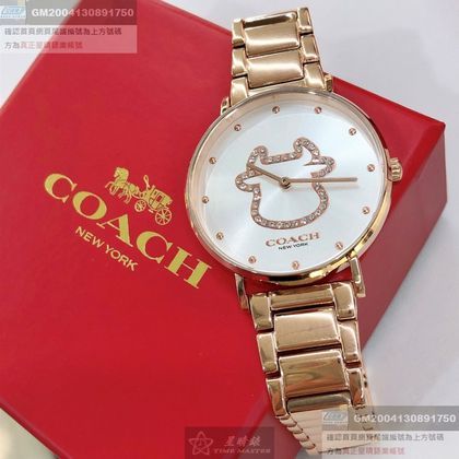 COACH蔻馳女錶，編號CH00018，36mm玫瑰金圓形精鋼錶殼，白色牛牛鑽錶面，玫瑰金色精鋼錶帶款，牛年牛市好運到！