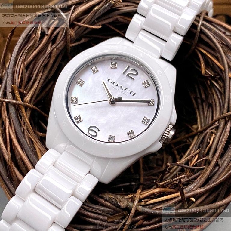 COACH手錶，編號CH00046，28mm白圓形陶瓷錶殼，白色簡約， 貝母錶面，白陶瓷錶帶款，白陶瓷，晶瑩剔透