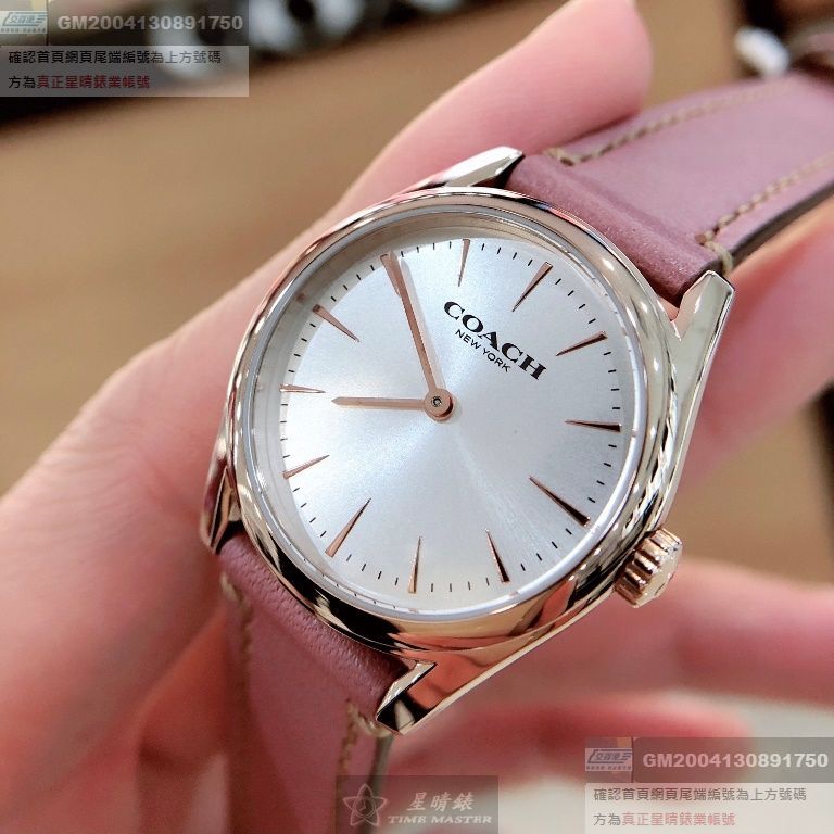 COACH手錶，編號CH00054，28mm玫瑰金圓形精鋼錶殼，白色簡約， 時分中二針顯示錶面，粉紅真皮皮革錶帶款
