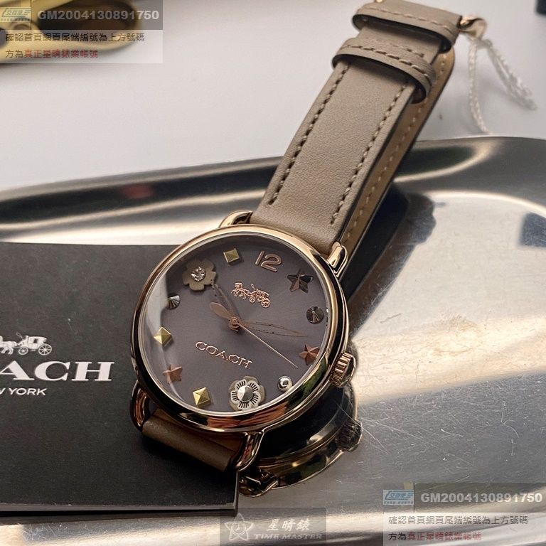 COACH手錶，編號CH00058，36mm玫瑰金圓形精鋼錶殼，深灰色時分秒中三針顯示， 繽紛錶面，淺灰真皮皮革錶帶款