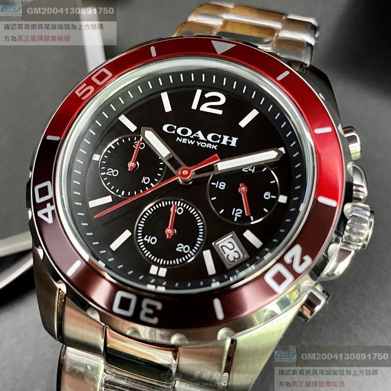 COACH手錶，編號CH00062，44mm紅黑色圓形精鋼錶殼，黑色三眼， 時分秒中三針顯示， 水鬼錶面，銀色精鋼錶帶款