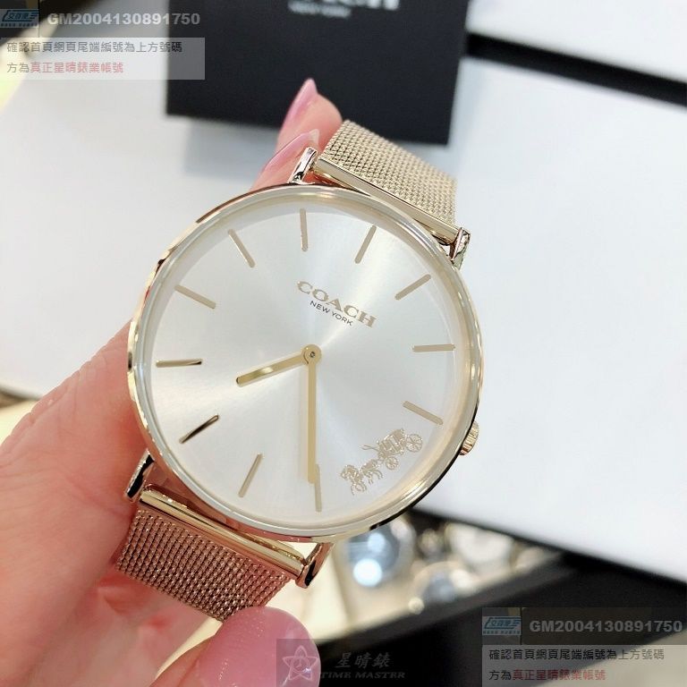 COACH手錶，編號CH00073，34mm金色圓形精鋼錶殼，白色簡約， 中二針顯示錶面，金色米蘭錶帶款