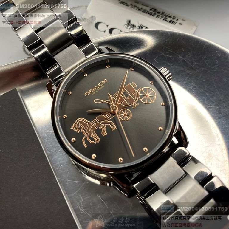 COACH手錶，編號CH00074，34mm槍灰色圓形精鋼錶殼，淺灰色簡約， 中三針顯示錶面，槍灰色精鋼錶帶款