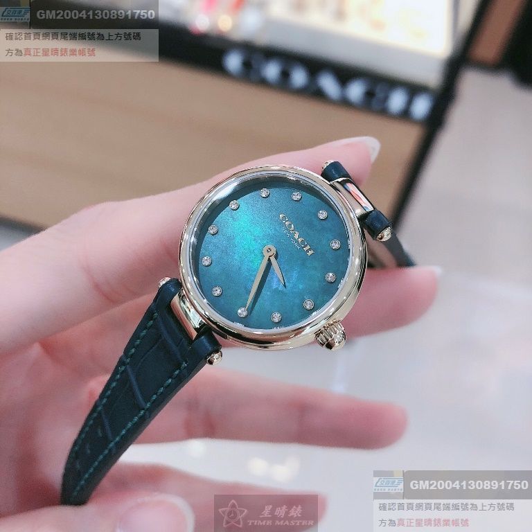 COACH手錶，編號CH00075，24mm金色圓形精鋼錶殼，藍綠色簡約， 中二針顯示， 貝母錶面，綠真皮皮革錶帶款