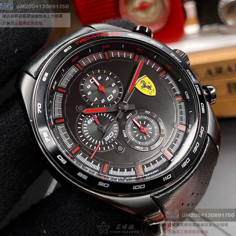FERRARI手錶，編號FE00045，46mm黑圓形精鋼錶殼，黑色三眼， 中三針顯示， 運動錶面，深黑色真皮皮革錶帶款