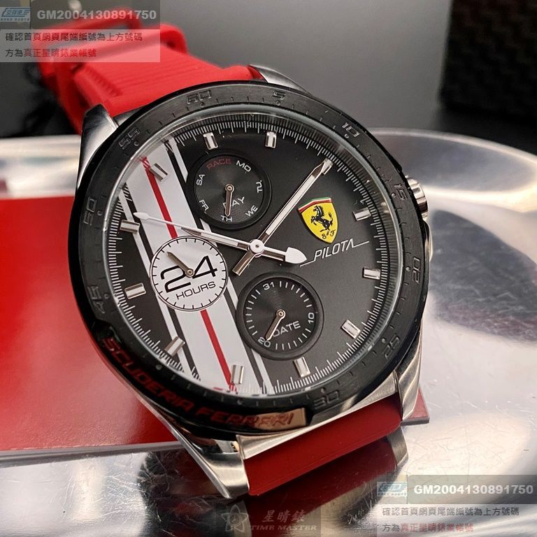 FERRARI手錶，編號FE00068，42mm黑圓形精鋼錶殼，黑色三眼， 中三針顯示， 運動錶面，紅矽膠錶帶款