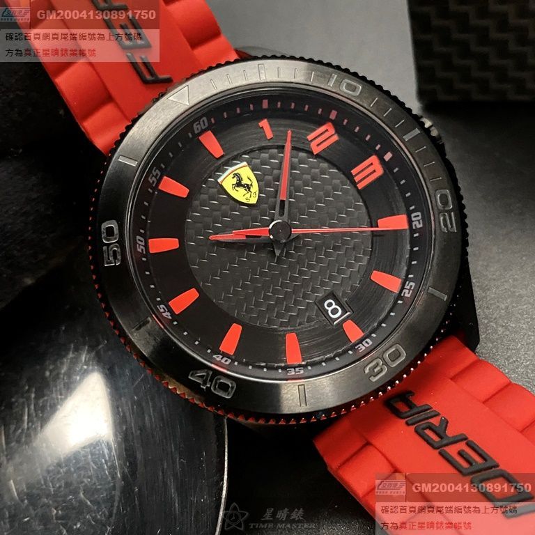 FERRARI手錶，編號FE00072，48mm黑圓形精鋼錶殼，黑色中三針顯示， 運動錶面，紅真皮皮革錶帶款