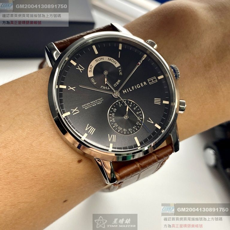 TommyHilfiger手錶，編號TH00018，44mm銀錶殼，咖啡色錶帶款
