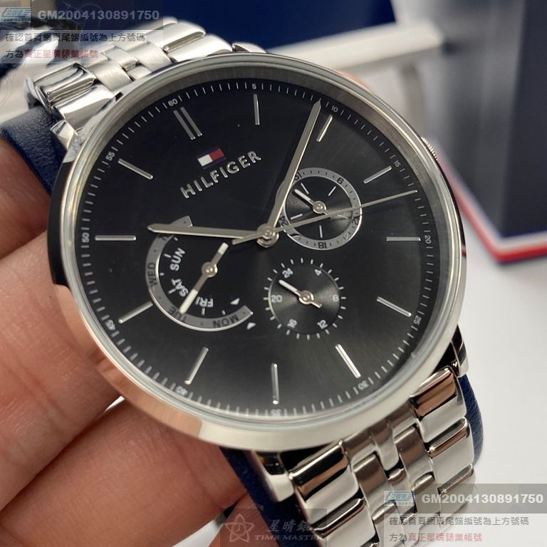 TommyHilfiger手錶，編號TH00023，40mm銀圓形精鋼錶殼，黑色三眼錶面，銀色精鋼錶帶款