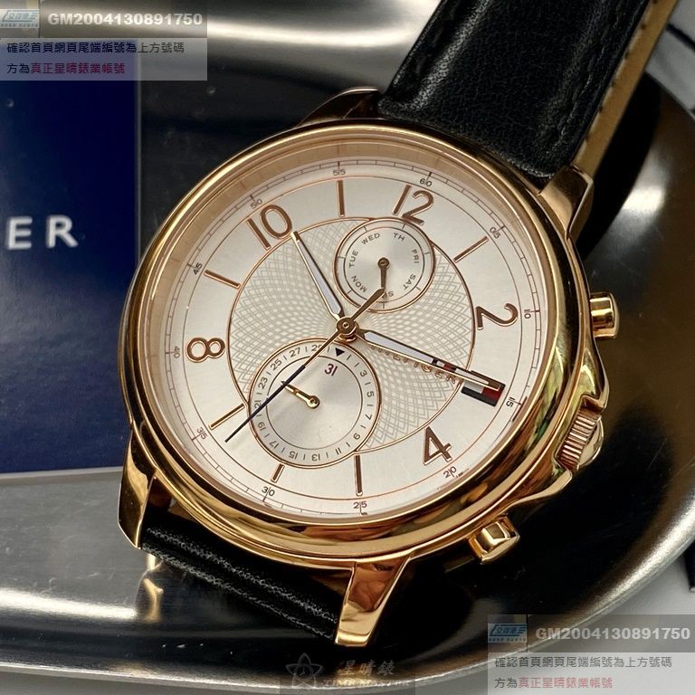 TommyHilfiger手錶，編號TH00027，38mm玫瑰金圓形精鋼錶殼，白色雙眼錶面，深黑色真皮皮革錶帶款