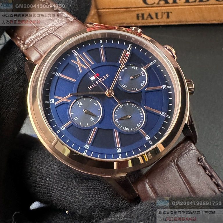 TommyHilfiger手錶，編號TH00046，44mm玫瑰金錶殼，咖啡色錶帶款