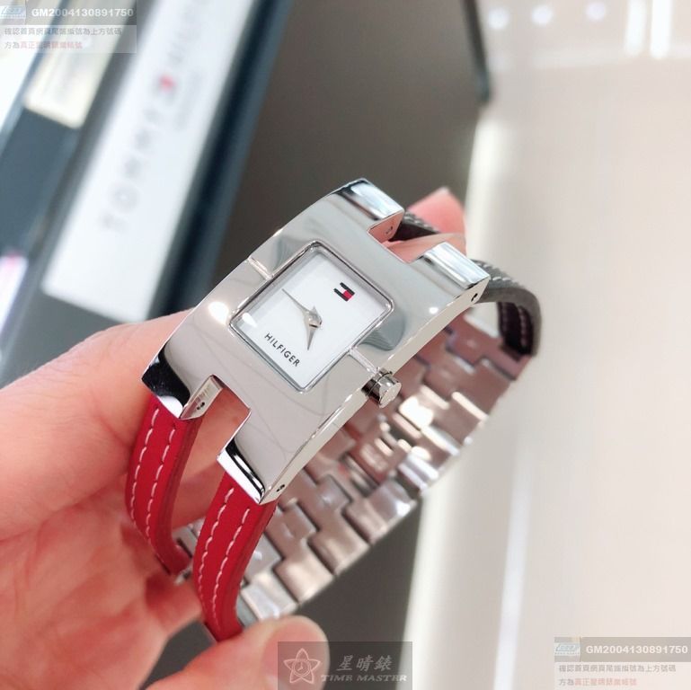TommyHilfiger手錶，編號TH00073，20mm， 34mm銀錶殼，寶藍， 紅錶帶款