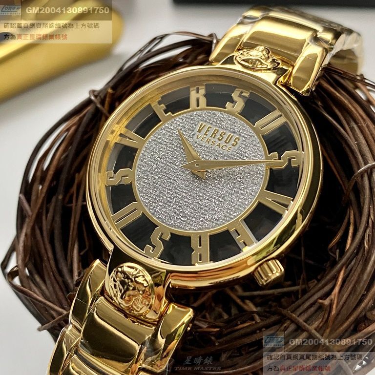 VERSUS VERSACE手錶，編號VV00095，36mm金色圓形精鋼錶殼，金色鏤空鏤空， 中二針顯示錶面，金色精鋼