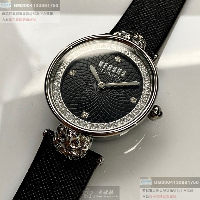 VERSUS VERSACE手錶，編號VV00319，34mm銀圓形精鋼錶殼，黑色中二針顯示錶面，深黑色真皮皮革錶帶款