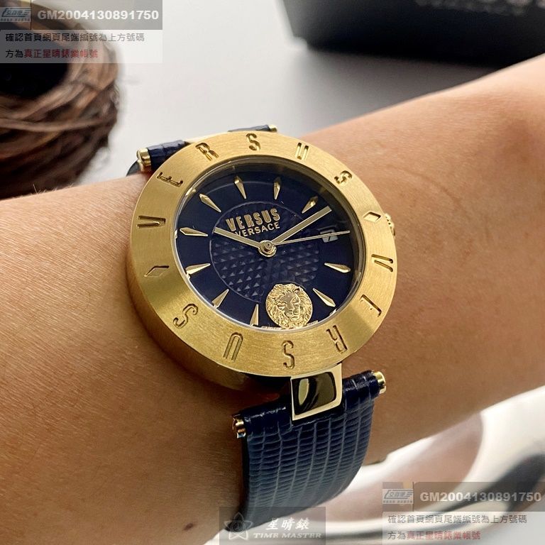 VERSUS VERSACE手錶，編號VV00335，34mm金色錶殼，寶藍錶帶款