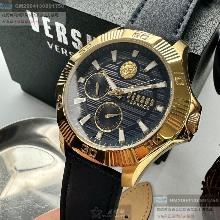 VERSUS VERSACE手錶，編號VV00368，48mm金色錶殼，寶藍錶帶款