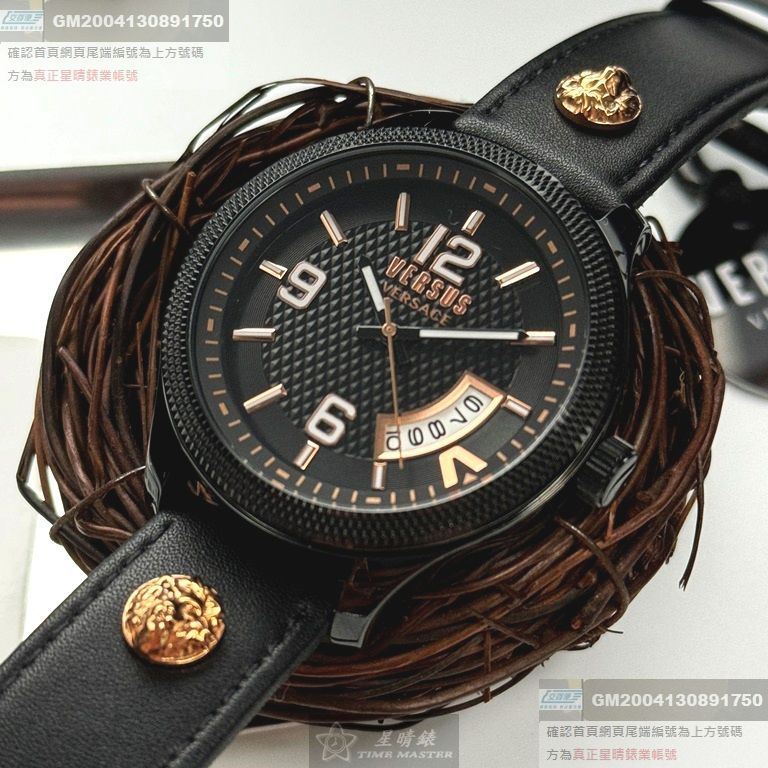 VERSUS VERSACE手錶，編號VV00370，44mm黑錶殼，深黑色錶帶款