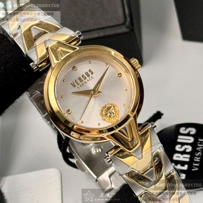 VERSUS VERSACE手錶，編號VV00377，30mm金色圓形精鋼錶殼，白色中三針顯示錶面，金銀相間精鋼錶帶款
