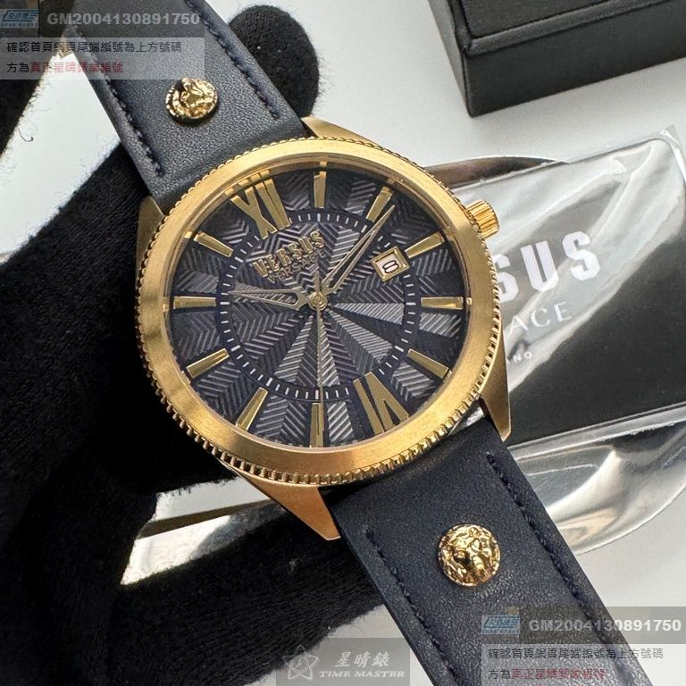 VERSUS VERSACE手錶，編號VV00381，44mm金色錶殼，寶藍錶帶款