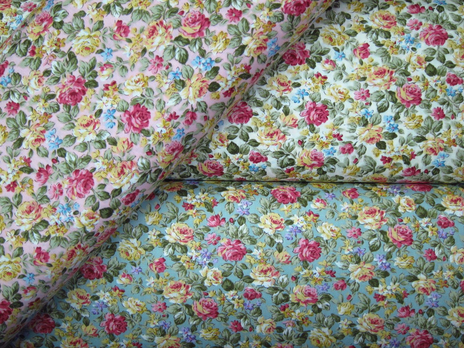 台灣製平織綿布-水彩藝術小巧玫瑰-粉底、米白底、綠底、黑底（100%純綿、台灣製造）