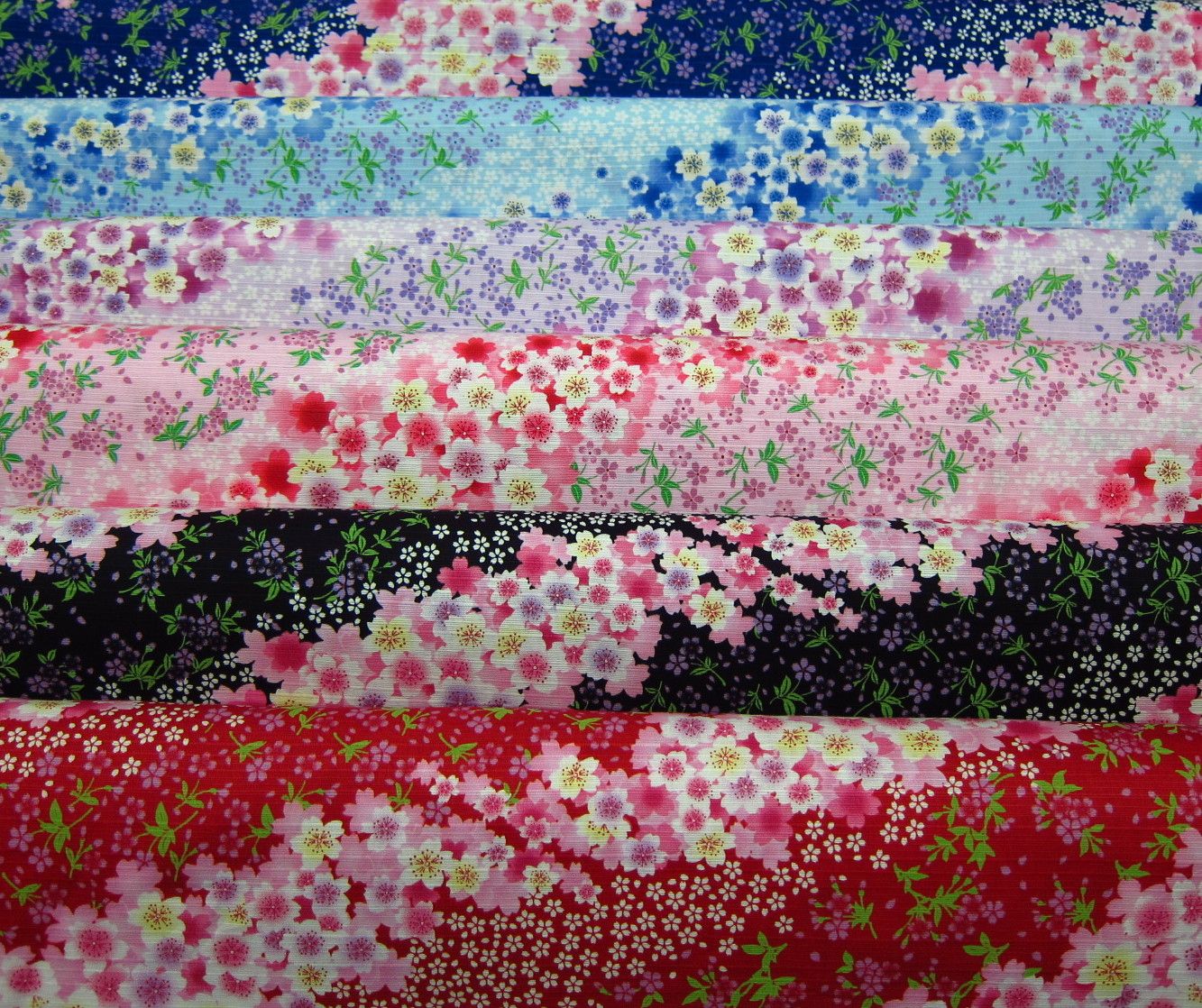 日本進口竹節綿布-群櫻紛飛時-紅、黑、粉、淺紫、水藍、深藍-100%純綿、日本製造