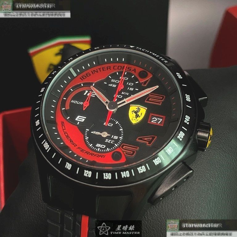 FERRARI法拉利男錶,編號FE00015,44mm黑圓形精鋼錶殼,黑色三眼, 運動錶面,深黑色矽膠錶帶款