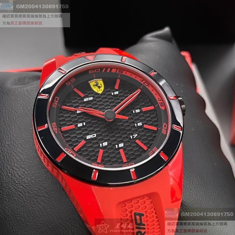 FERRARI法拉利男女通用錶,編號FE00018,38mm黑圓形塑膠錶殼,黑色三眼, 運動錶面,紅色矽膠錶帶款