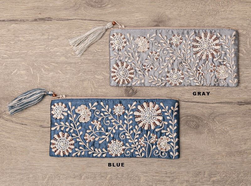 印度製 花卉刺繡珠珠收納包（筆袋款）