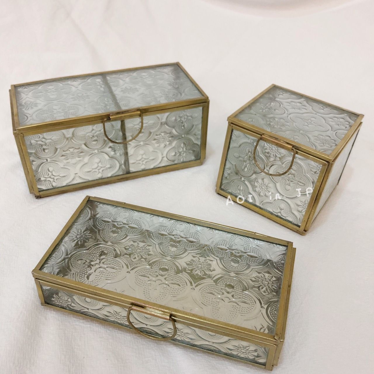 印度製 黃銅玻璃花紋收納盒 共三款