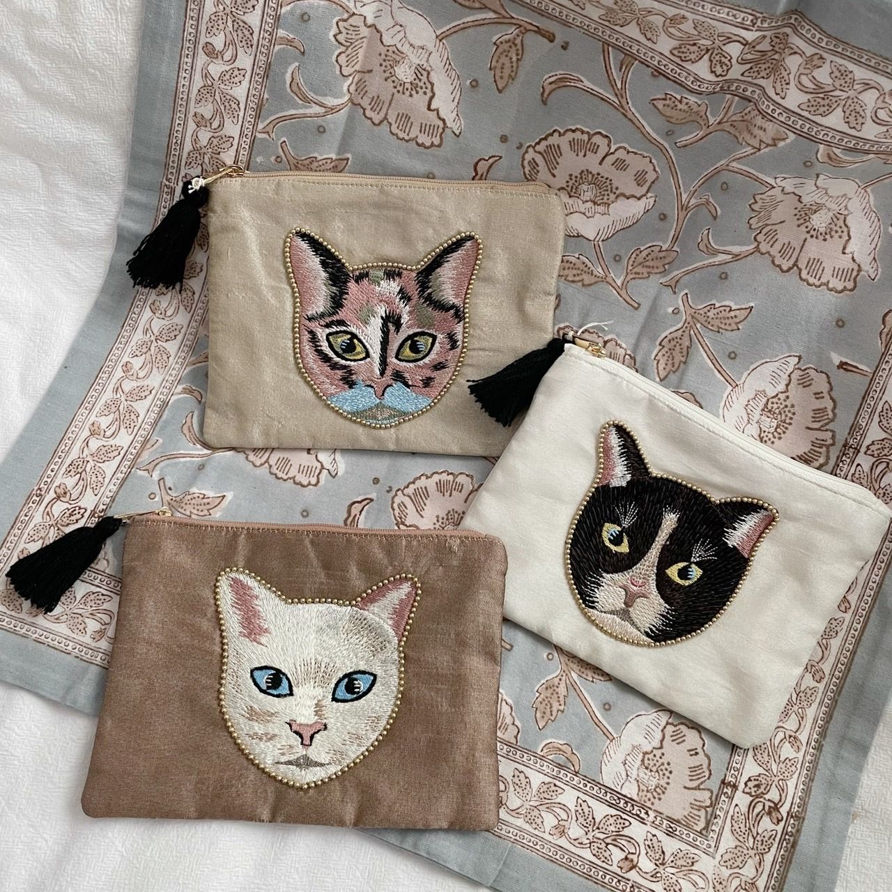 印度製 貓咪刺繡流蘇收納包