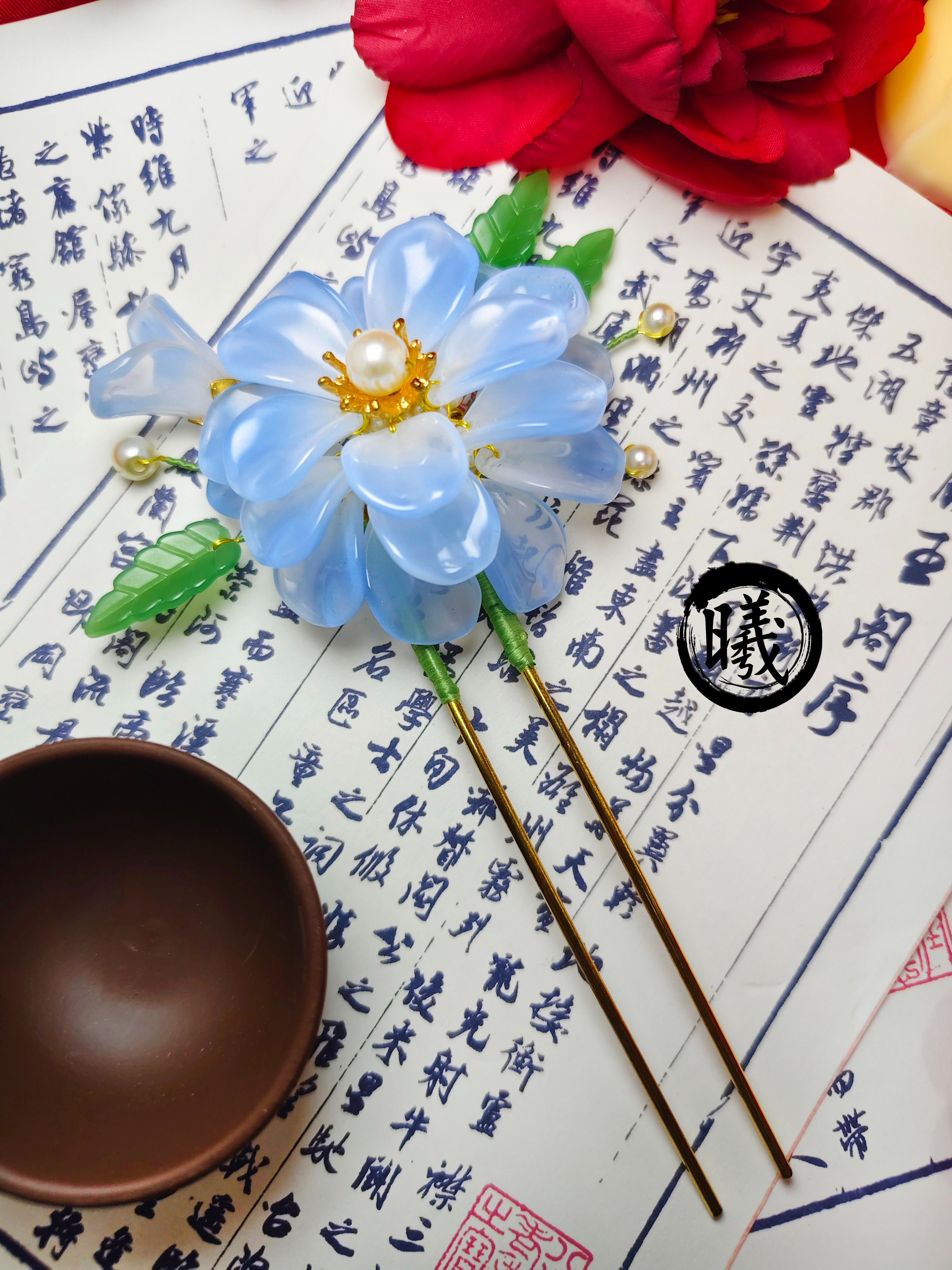 【曦色琉璃】仙氣冰透藍琉璃花髮簪 手作珍珠雙股簪子 漢服大宋少女頭飾 改良旗袍盤髮釵 外拍主角 女友禮物